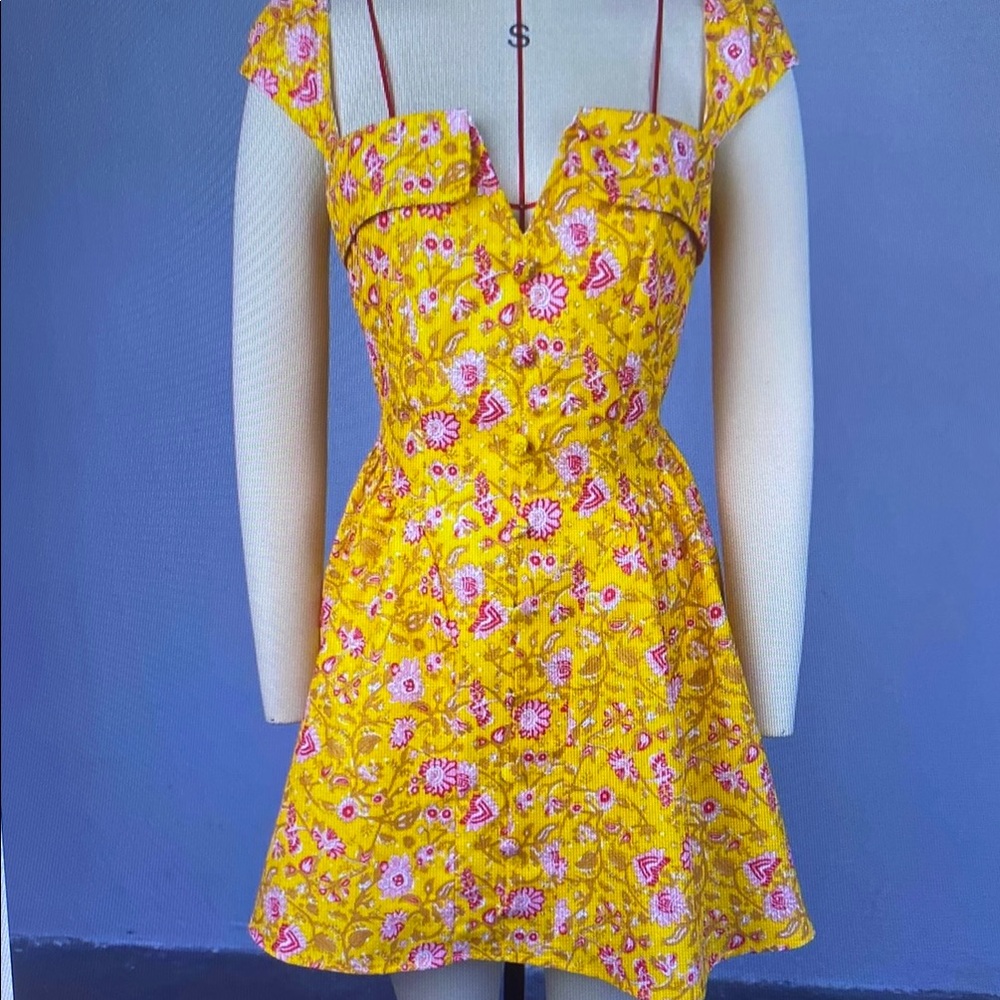 Yellow and Pink Flutter Sleeve Sundress with Sweetheart Neckline